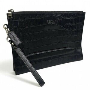Coach Men's Structured Pouch Crocodile Embossed Black Leather Clutch F73151